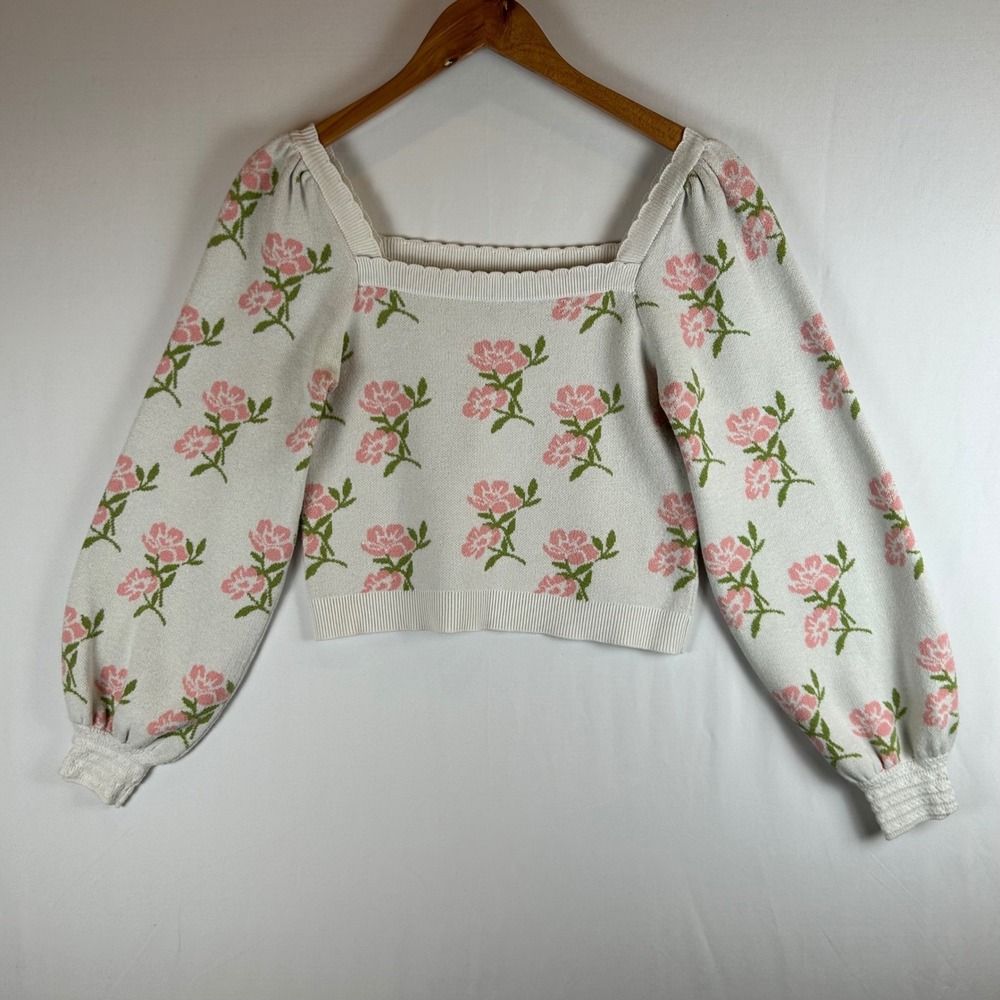 Willow & Wind Floral Square Neck Puff Sleeve Sweater Cream Pink‎ M Cottagecore